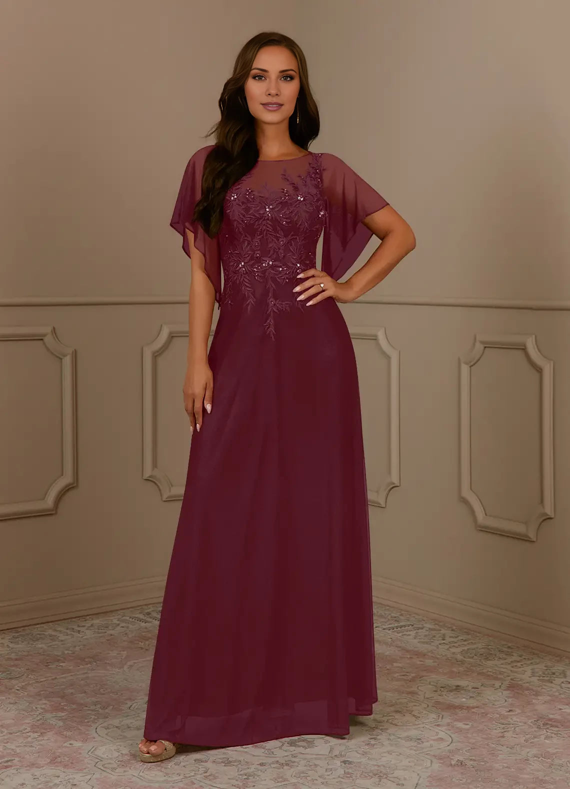 Classic A-Line Scoop Neck Short Sleeve Back Zip Floor-Length Mother of the Bride Dress