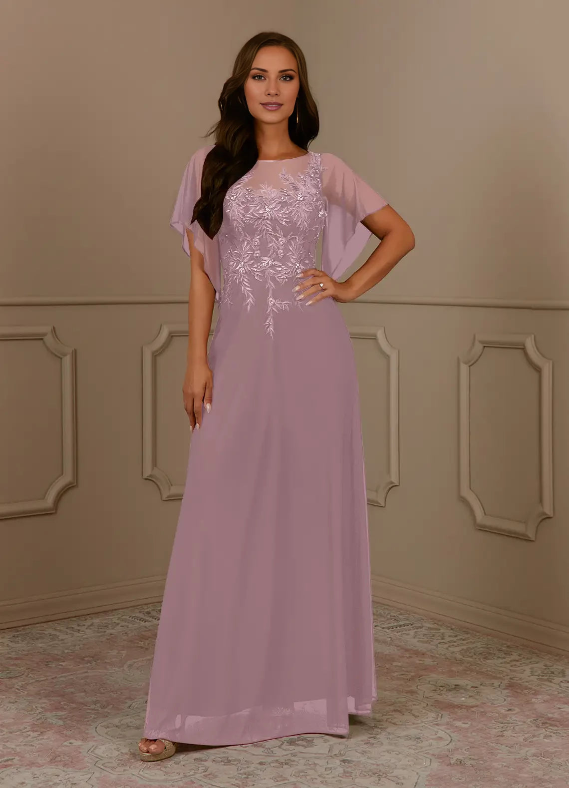 Classic A-Line Scoop Neck Short Sleeve Back Zip Floor-Length Mother of the Bride Dress
