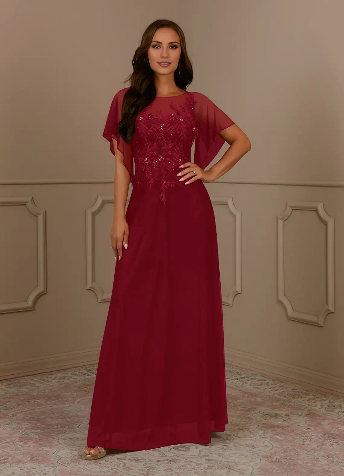 Classic A-Line Scoop Neck Short Sleeve Back Zip Floor-Length Mother of the Bride Dress