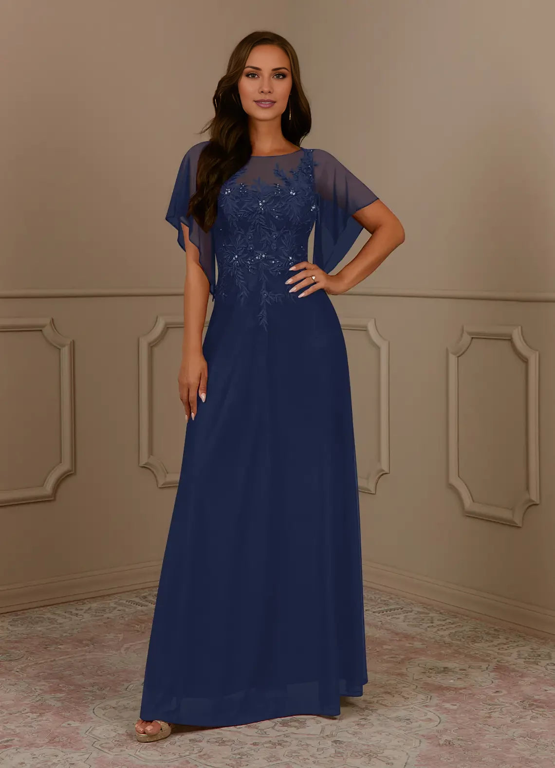 Classic A-Line Scoop Neck Short Sleeve Back Zip Floor-Length Mother of the Bride Dress