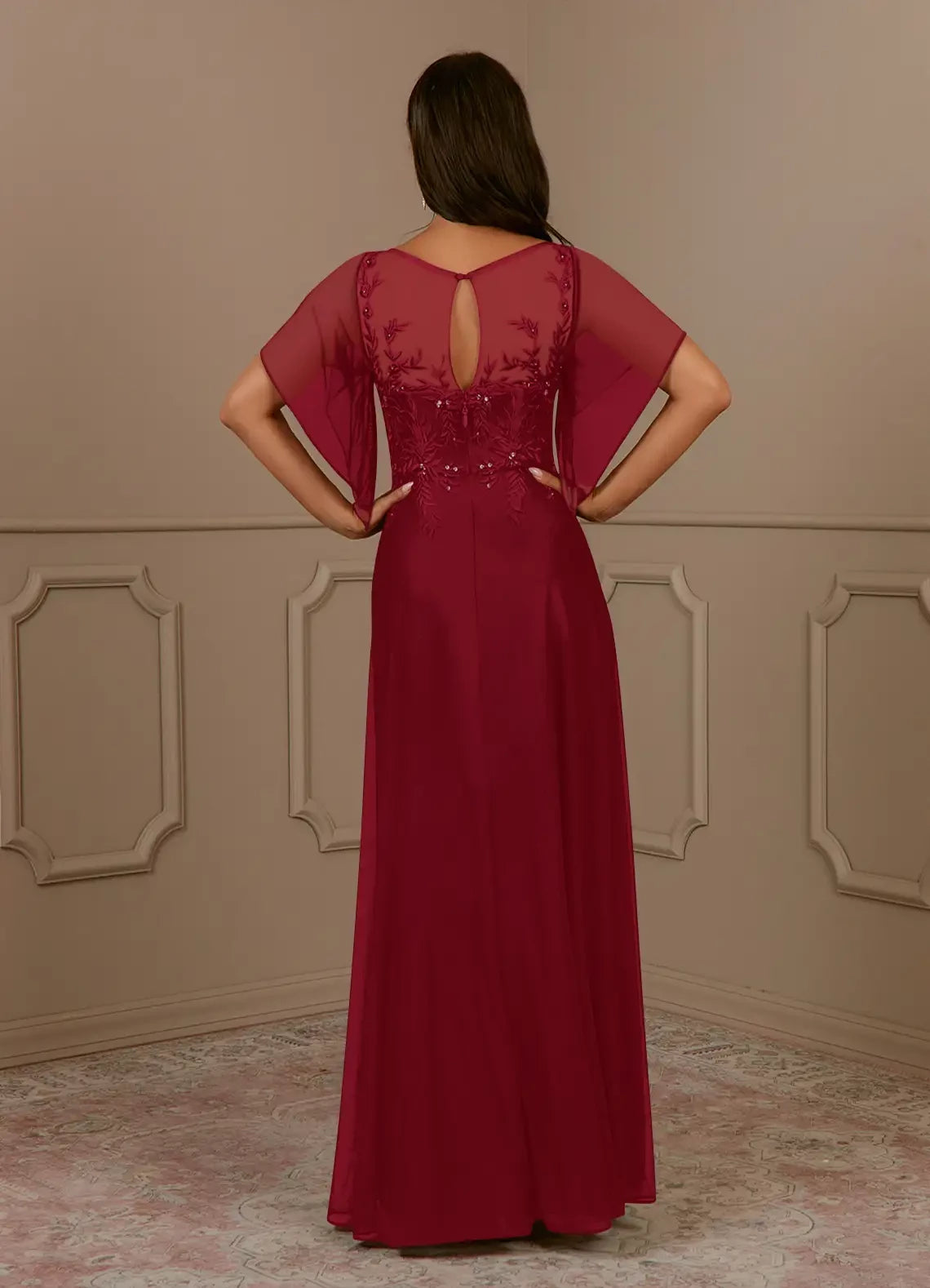 Classic A-Line Scoop Neck Short Sleeve Back Zip Floor-Length Mother of the Bride Dress