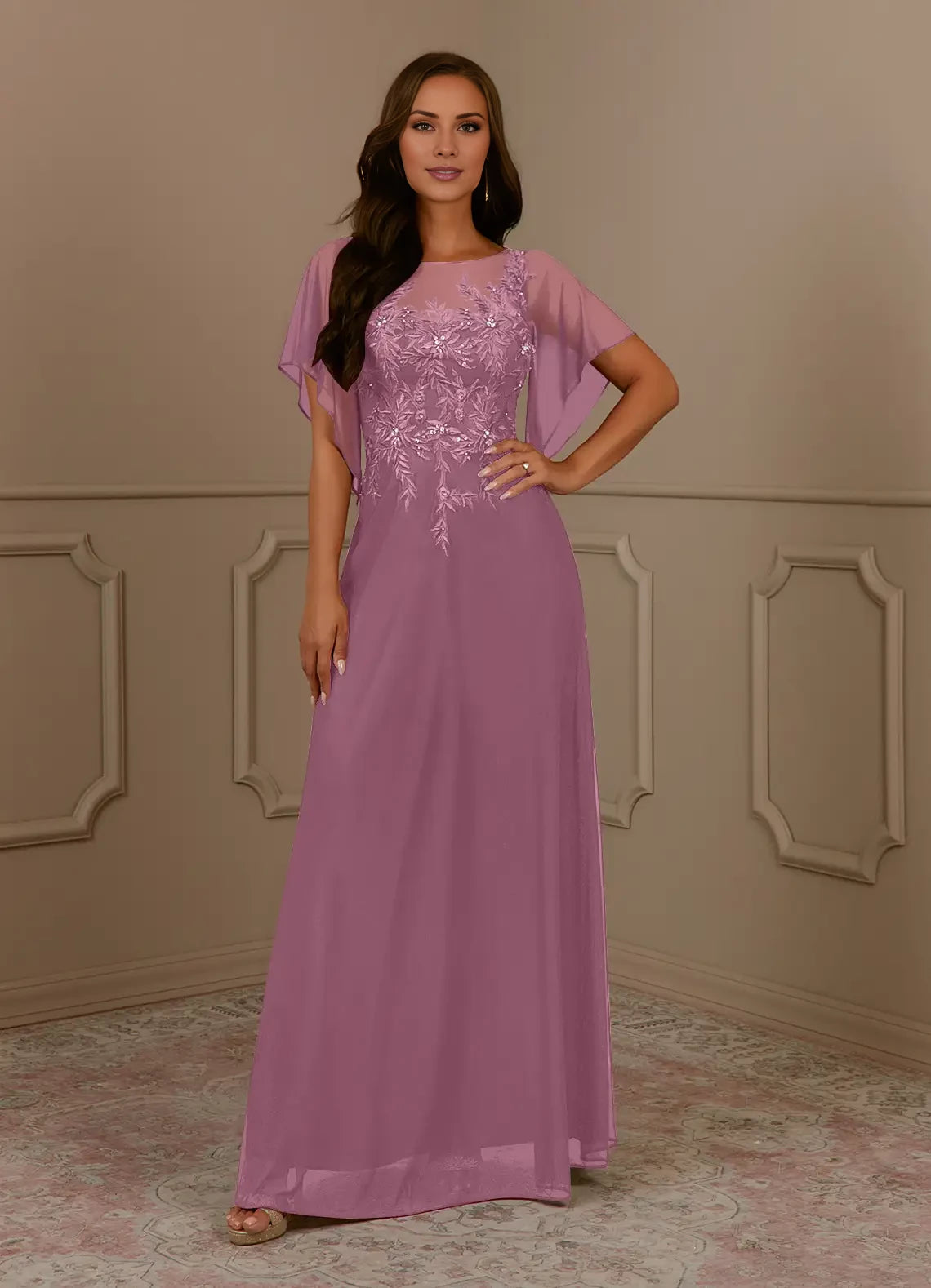 Classic A-Line Scoop Neck Short Sleeve Back Zip Floor-Length Mother of the Bride Dress