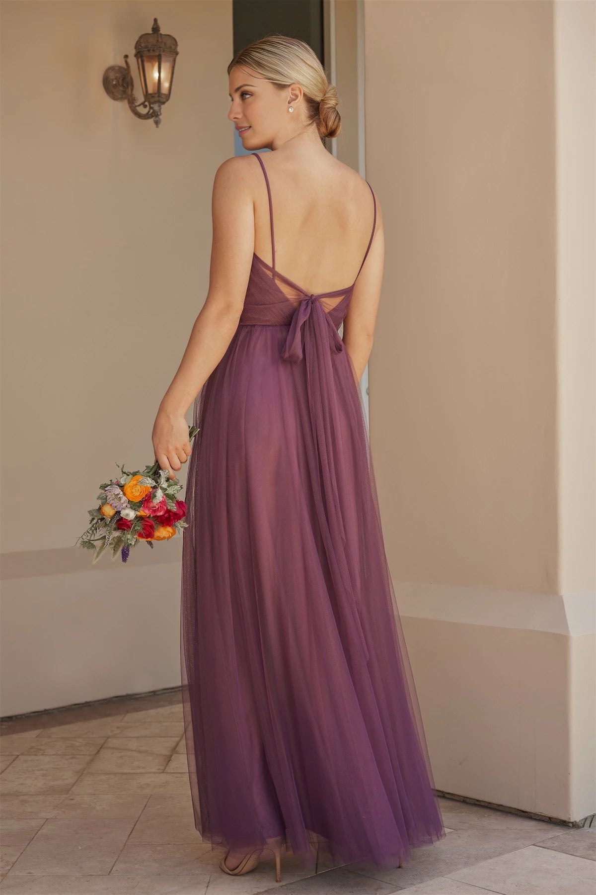 Classic A-Line V Neck Spaghetti Straps Lace Up Back  Floor-Length Bridesmaid Dress