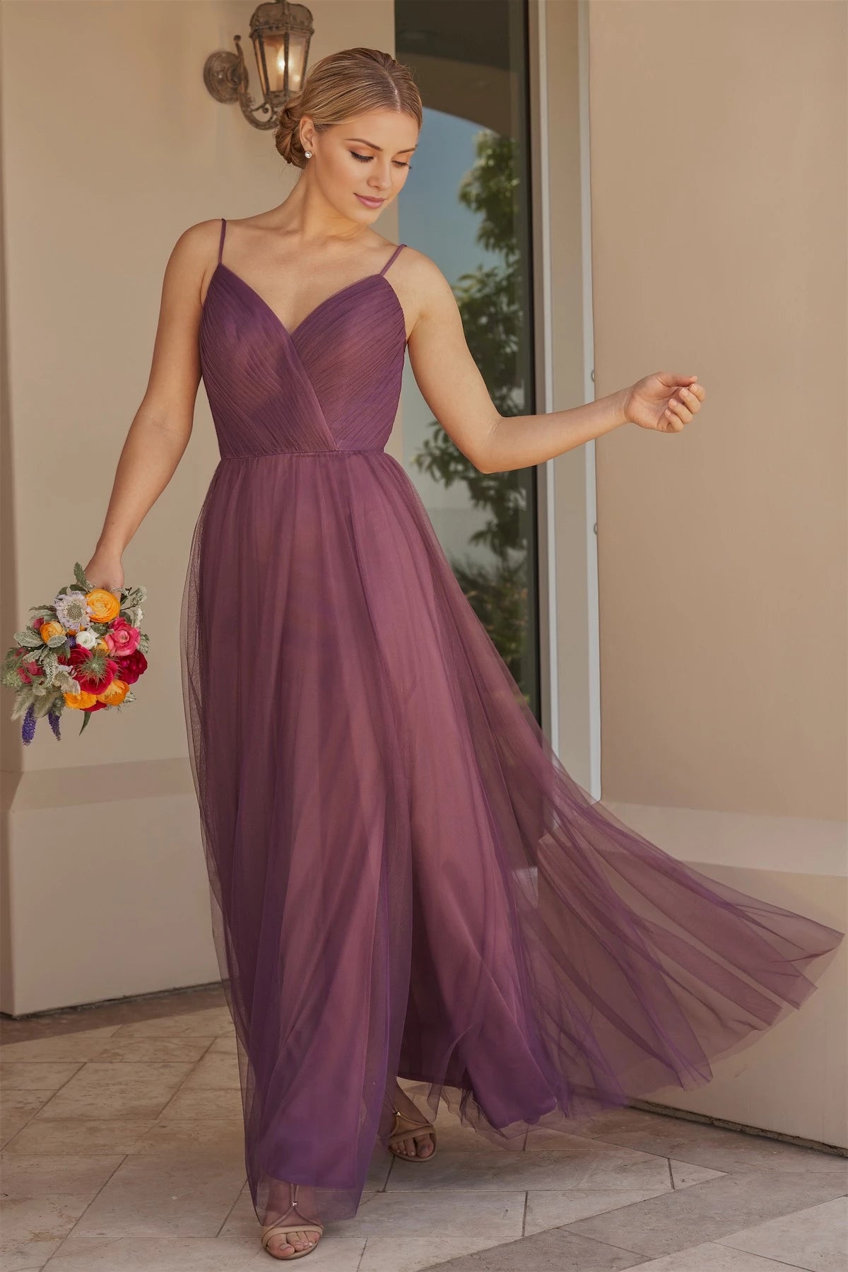 Classic A-Line V Neck Spaghetti Straps Lace Up Back  Floor-Length Bridesmaid Dress
