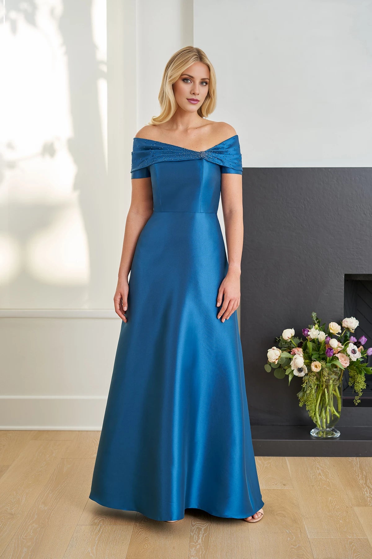Classic  A-line Gown with Asymmetrical Pleated Portrait Collar Neckline and Hand Beaded Crystal Embellishments Side Mother of the Bride Dresses