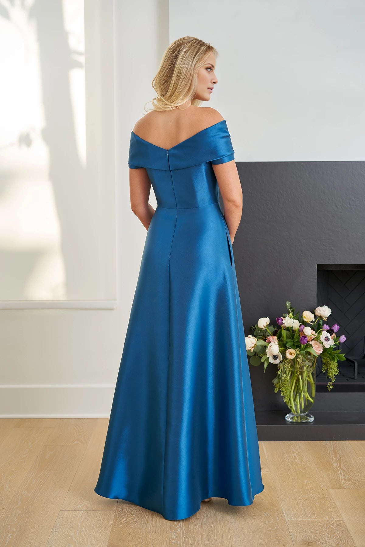 Classic  A-line Gown with Asymmetrical Pleated Portrait Collar Neckline and Hand Beaded Crystal Embellishments Side Mother of the Bride Dresses