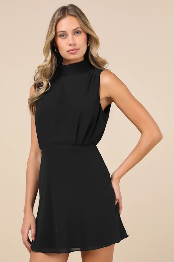 Classic Elegance Chiffon Sleeveless Mock Neck Mini Dress Homecoming Dresses