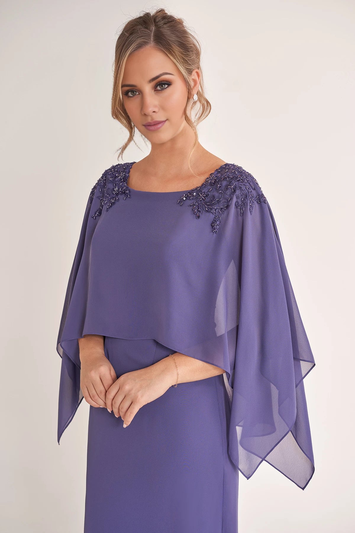 Classic Jade Chiffon Sheath Gown with Boat Neckline and Draped Top with Hand-Beaded Lace Appliques Mother of the Bride Dresses