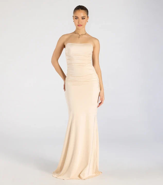 Classic Mermaid Strapless Sleeveless Crisscross Back Floor-Length Bridesmaid Dress