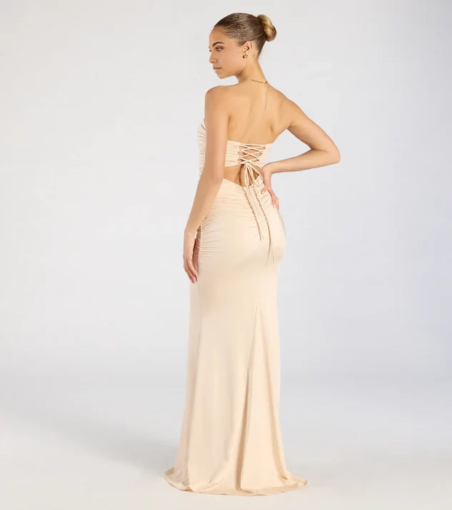 Classic Mermaid Strapless Sleeveless Crisscross Back Floor-Length Bridesmaid Dress