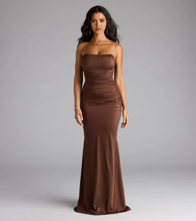 Classic Mermaid Strapless Sleeveless Crisscross Back Floor-Length Bridesmaid Dress