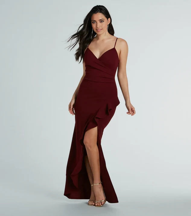Classic Mermaid V Neck Spaghetti Straps Back Zip Floor-Length Side Slit Bridesmaid Dress