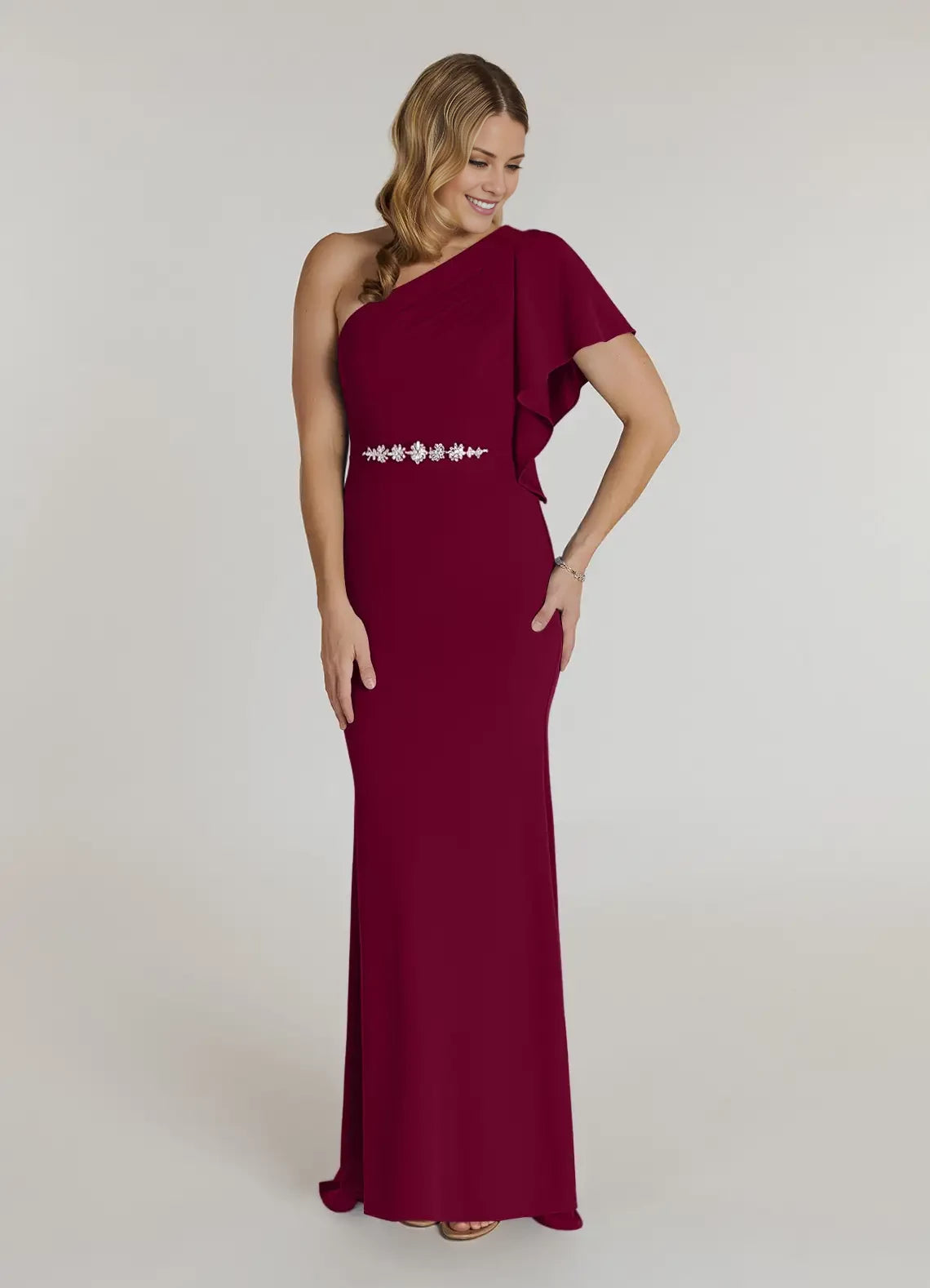 Classic One Shoulder Short Sleeve Back Zip Floor-Length Mother of the Bride Dress