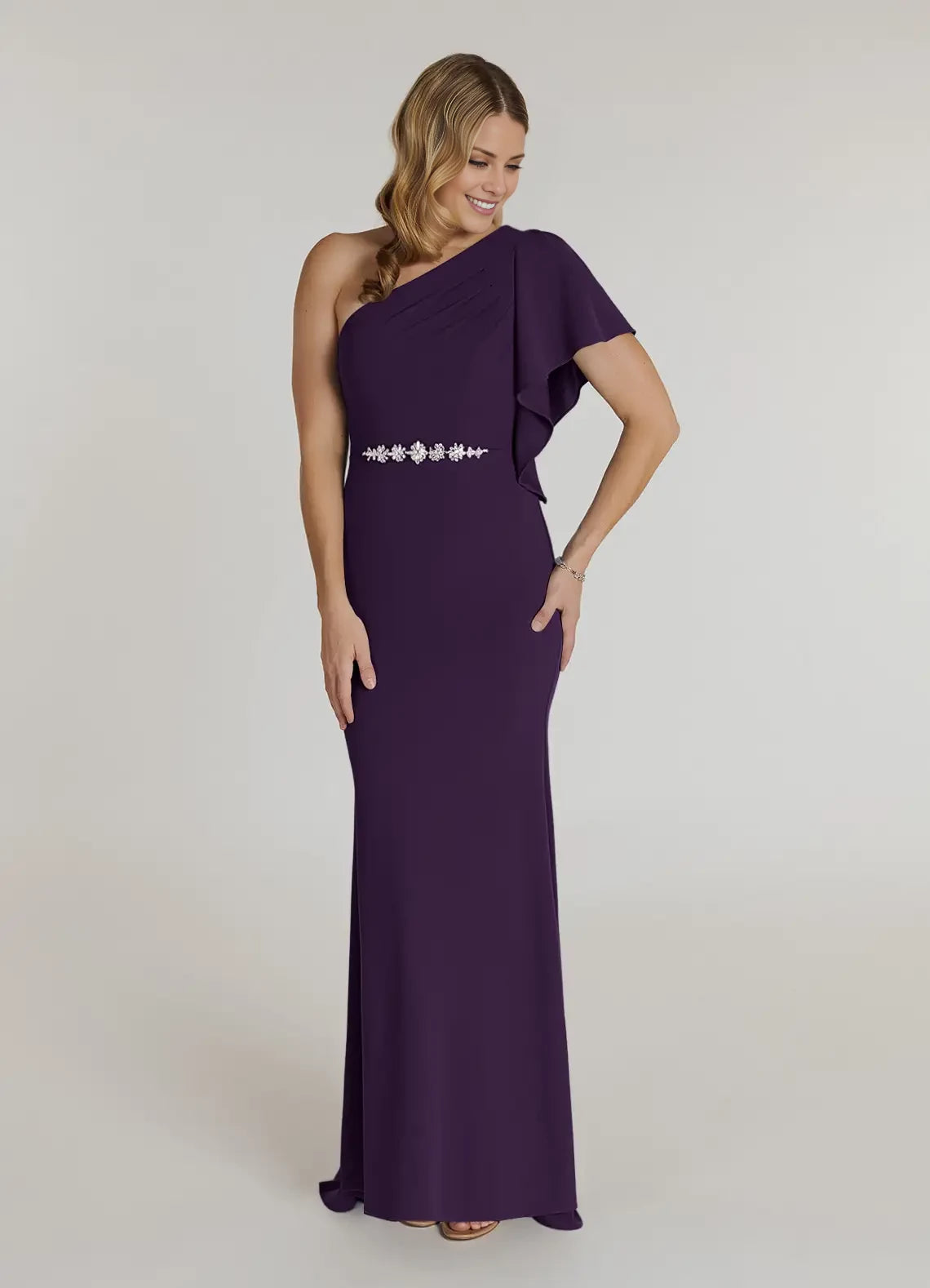 Classic One Shoulder Short Sleeve Back Zip Floor-Length Mother of the Bride Dress