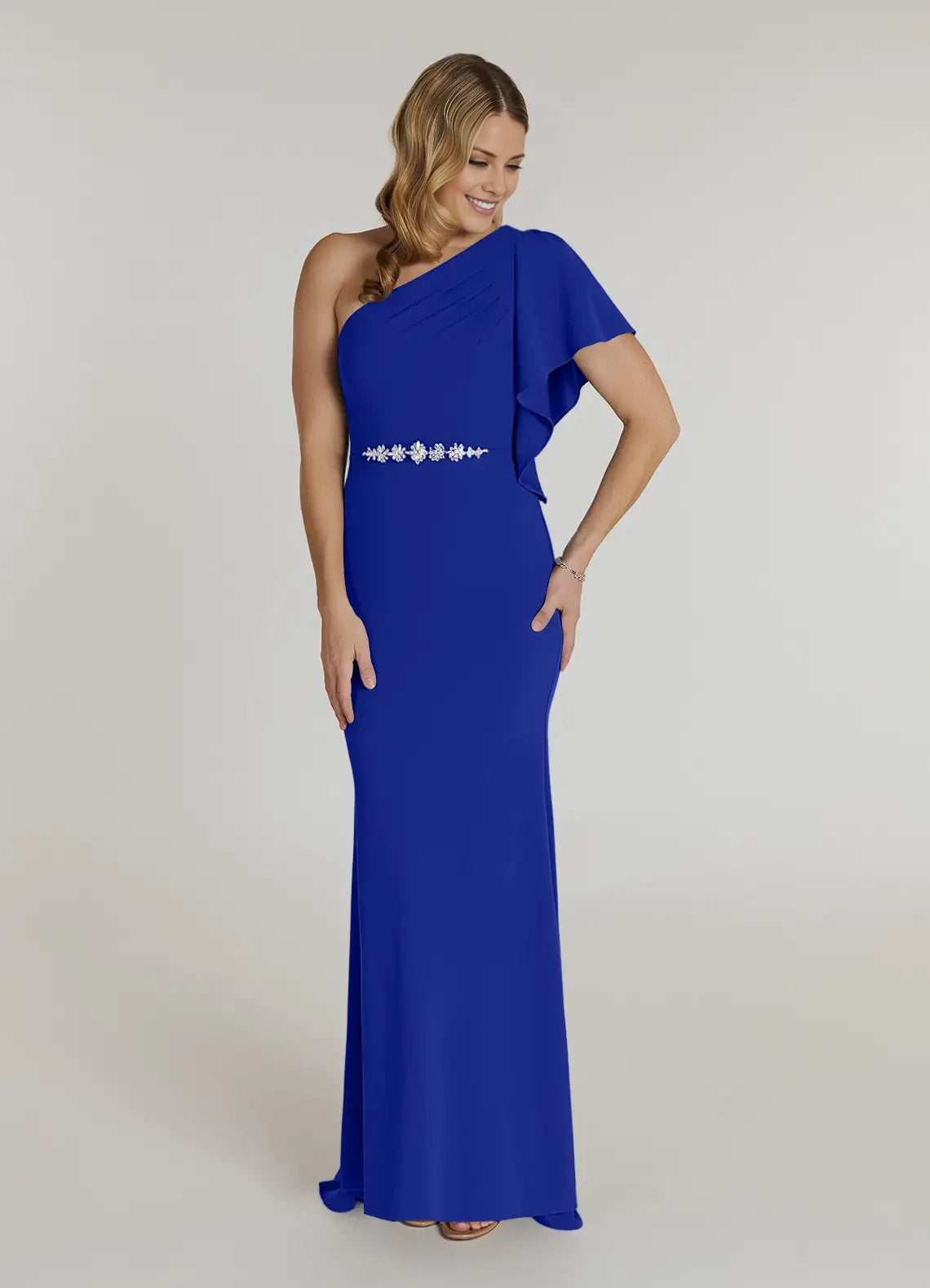 Classic One Shoulder Short Sleeve Back Zip Floor-Length Mother of the Bride Dress