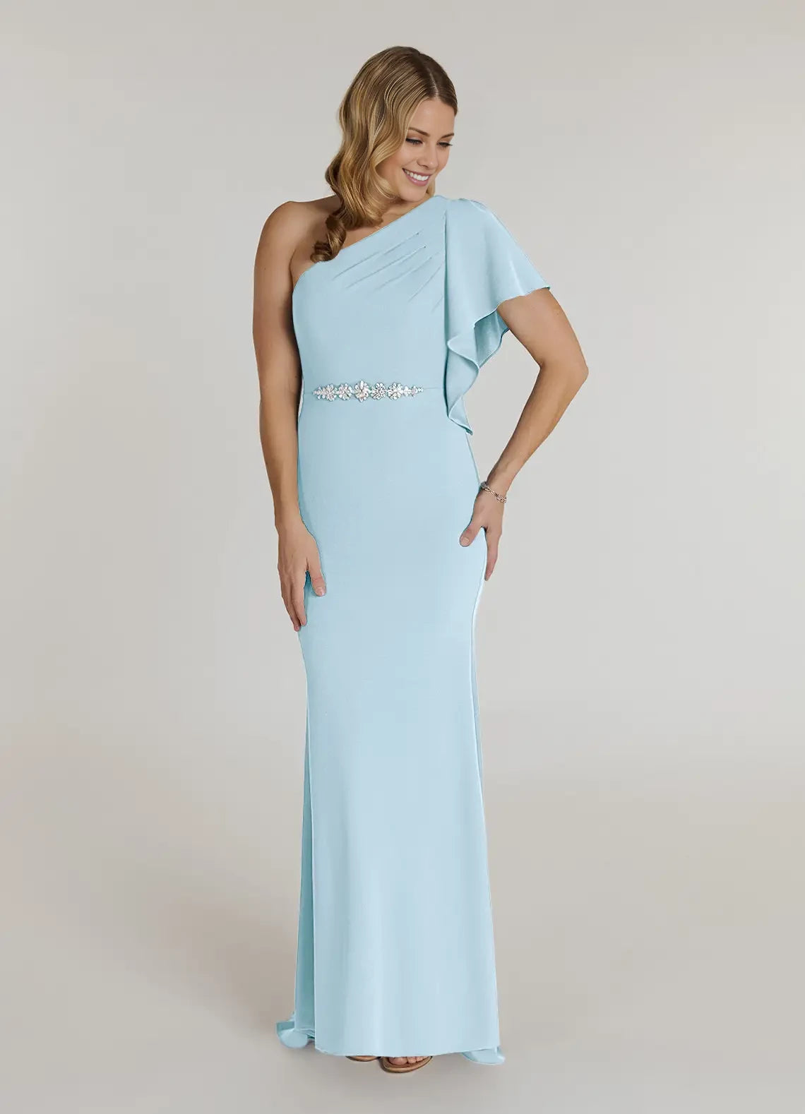 Classic One Shoulder Short Sleeve Back Zip Floor-Length Mother of the Bride Dress