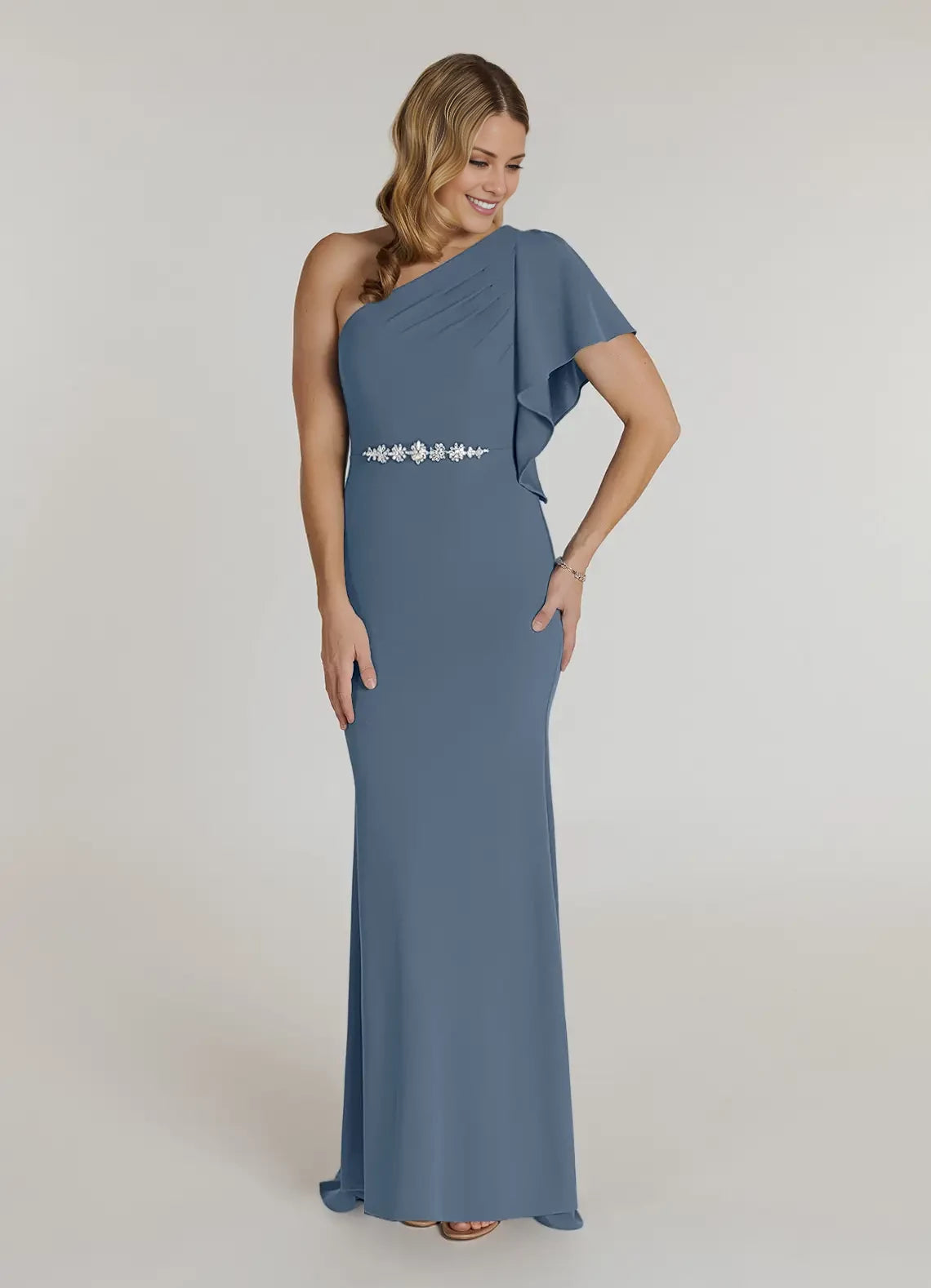 Classic One Shoulder Short Sleeve Back Zip Floor-Length Mother of the Bride Dress