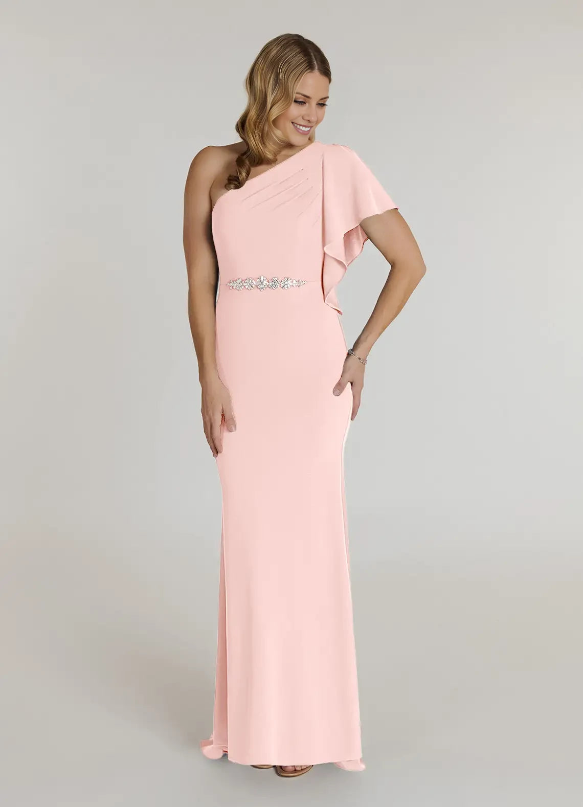 Classic One Shoulder Short Sleeve Back Zip Floor-Length Mother of the Bride Dress