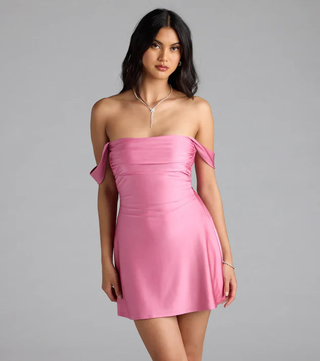 Classics Off-The-Shoulder Satin A-Line Mini Dress Homecoming Dresses