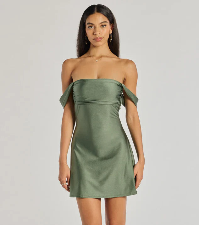 Classics Off-The-Shoulder Satin A-Line Mini Dress Homecoming Dresses