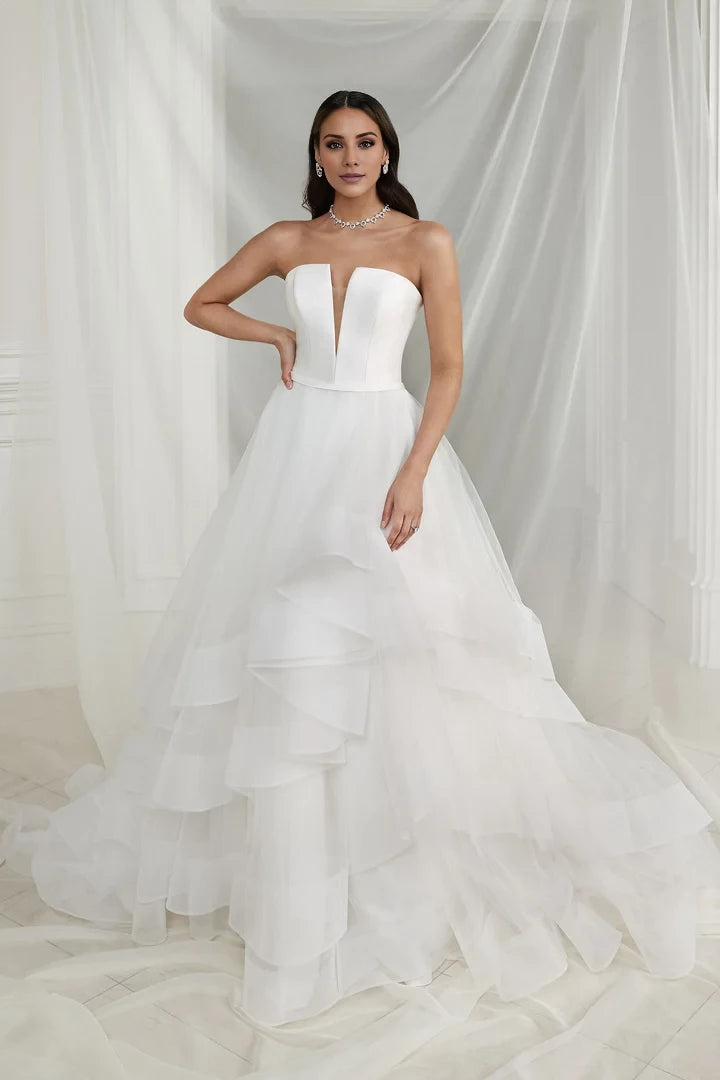 Clean Ball Gown with Strapless Notched Neckline and Ruffle Skirt Wedding Dresses