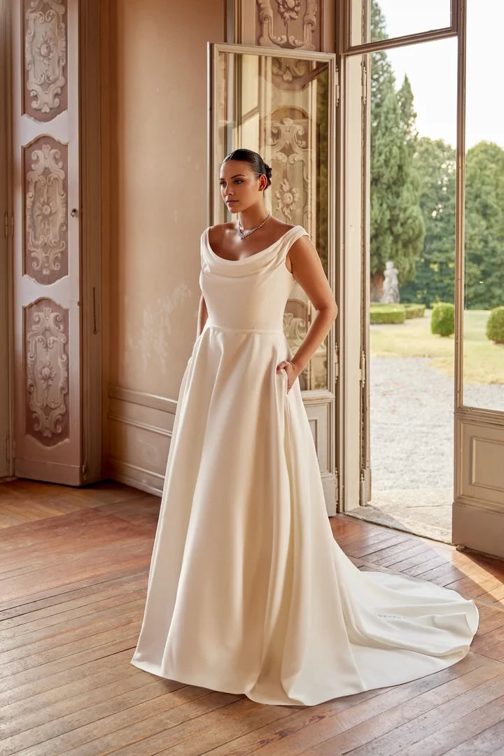 Clean Plus Size Wedding Dress with Crepe Bodice and Satin Skirt Wedding Dresses