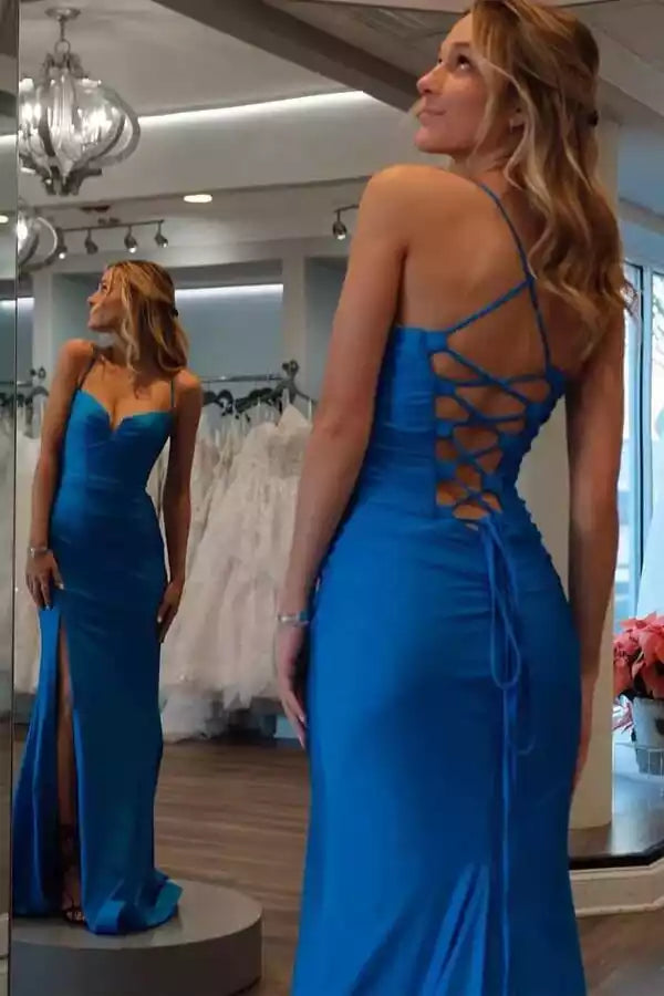 Cobalt Blue Satin Spaghetti Strap Lace-Up Back Mermaid Gown – Bold & Modern Evening Party Dress