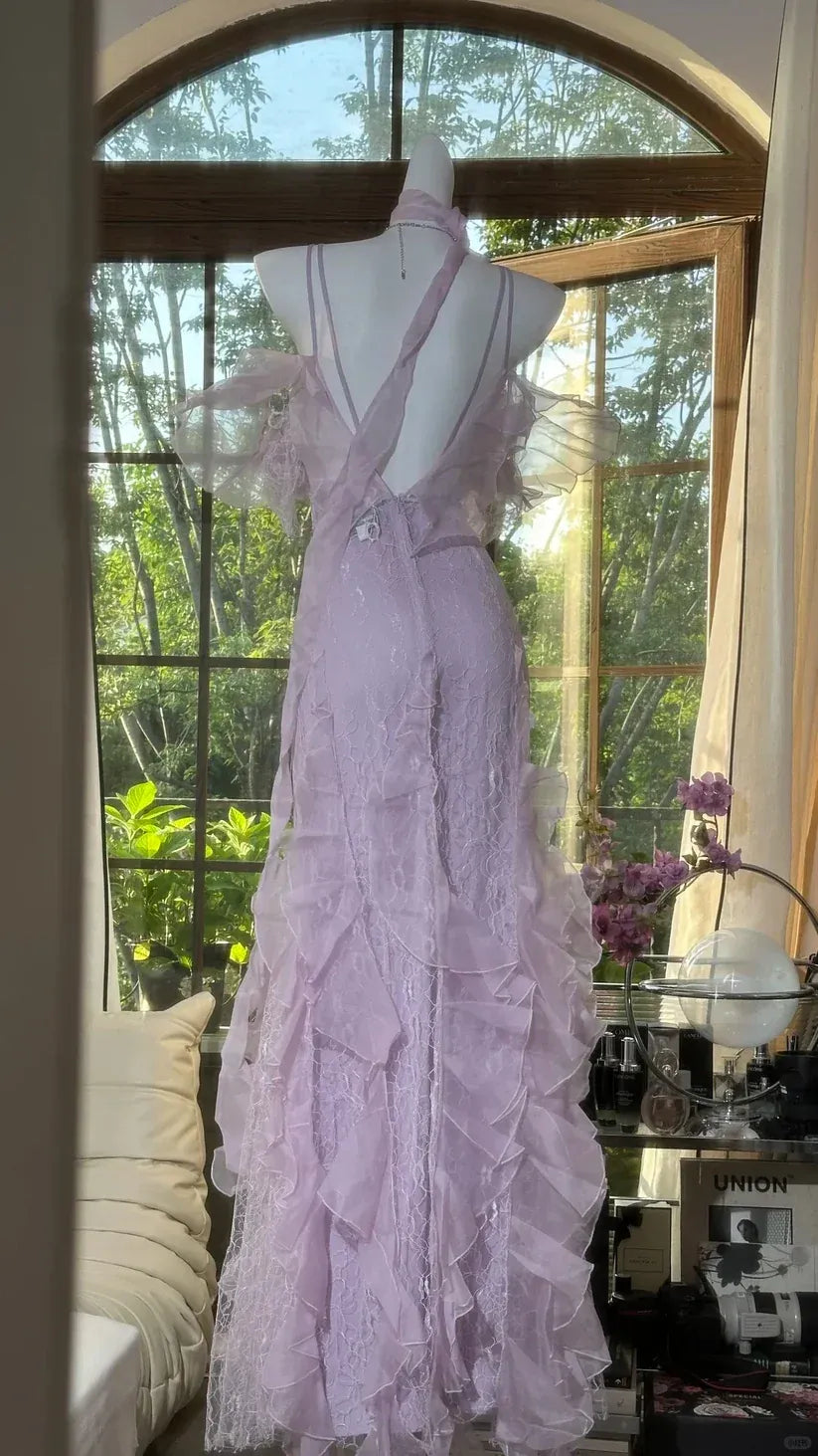 Cold-Shoulder Deep V-Neck Evening Dress with Chiffon Ruffles & Backless Design
