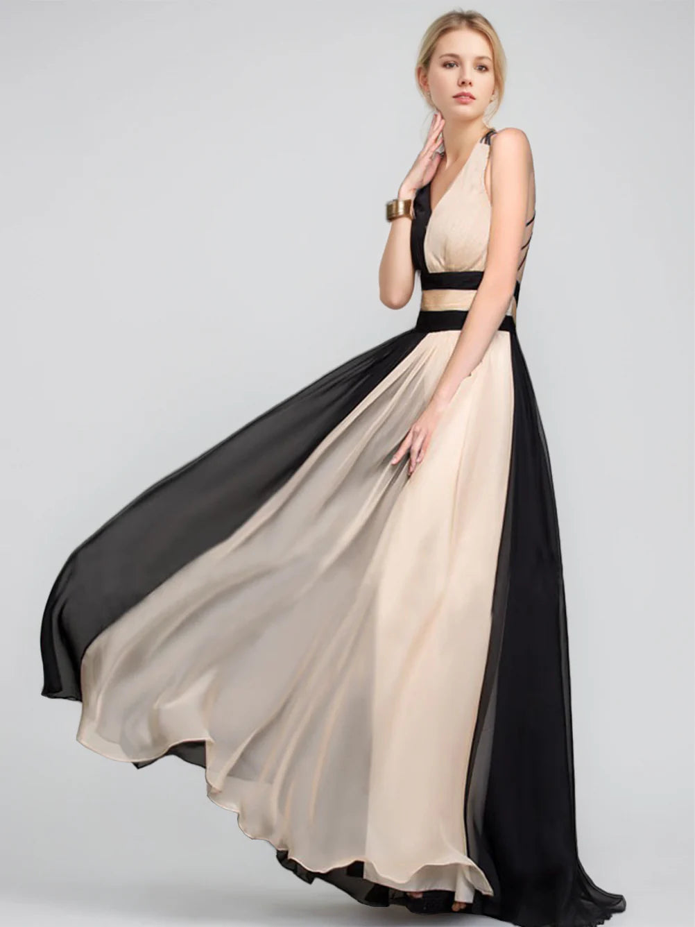 Color Block V Neck Chiffon Evening Dress Criss Cross Back A Line Floor Length Formal Gown
