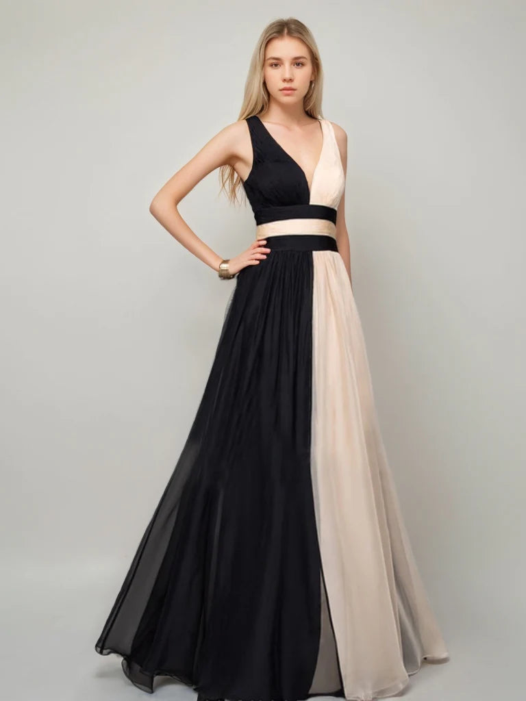 Color Block V Neck Chiffon Evening Dress Criss Cross Back A Line Floor Length Formal Gown