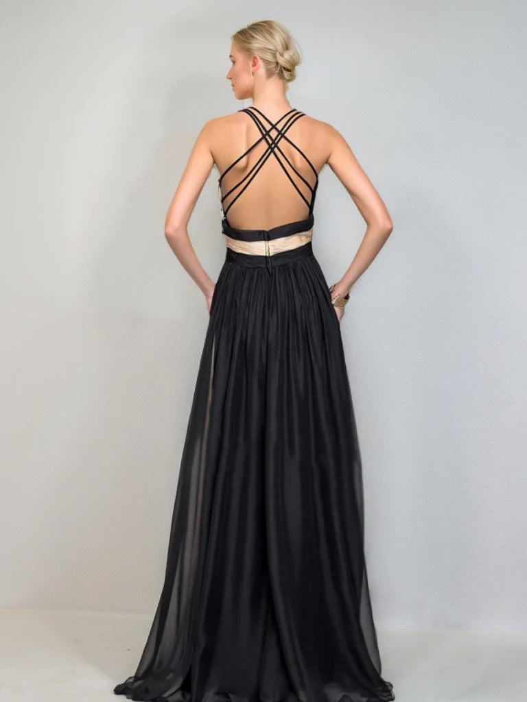 Color Block V Neck Chiffon Evening Dress Criss Cross Back A Line Floor Length Formal Gown