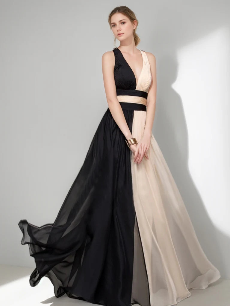 Color Block V Neck Chiffon Evening Dress Criss Cross Back A Line Floor Length Formal Gown