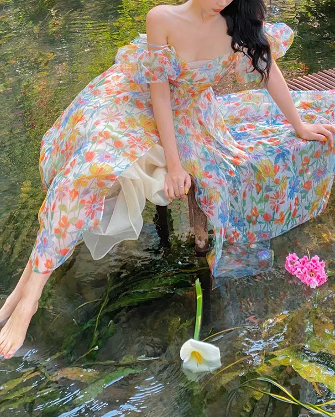 Colorful Floral Print Off-the-Shoulder Puff Sleeve Organza Maxi Dress