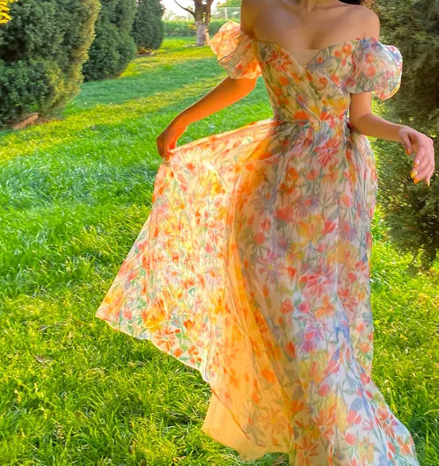Colorful Floral Print Off-the-Shoulder Puff Sleeve Organza Maxi Dress