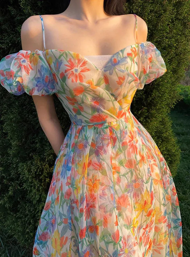 Colorful Floral Print Off-the-Shoulder Puff Sleeve Organza Maxi Dress