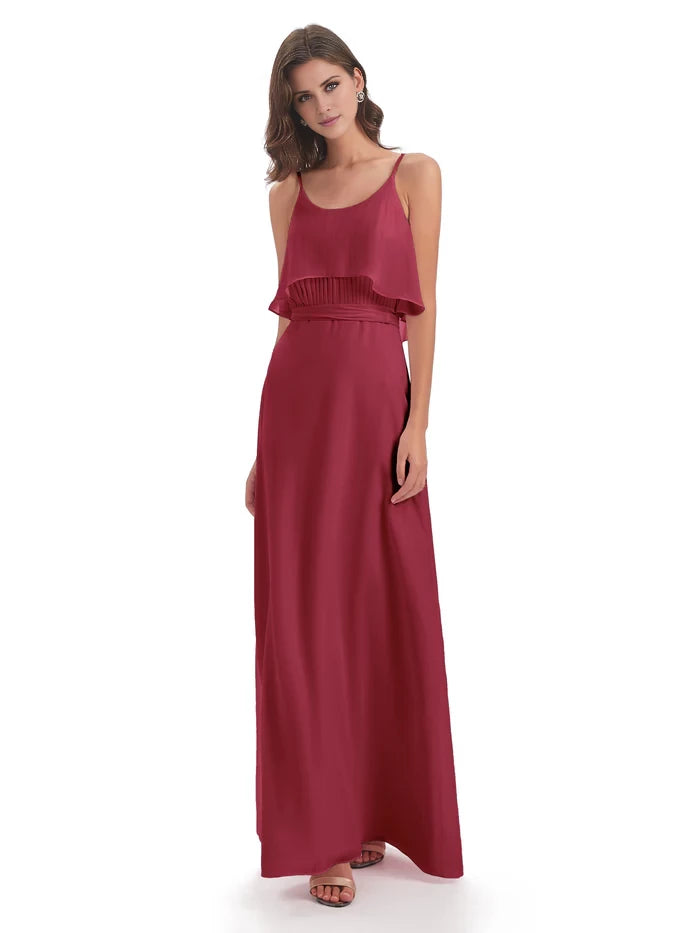 Column Floor Length Spaghetti Straps Chiffon Long Bridesmaid Dresses
