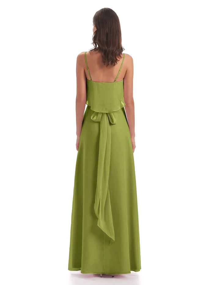 Column Floor Length Spaghetti Straps Chiffon Long Bridesmaid Dresses