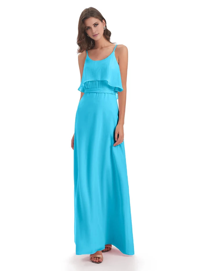 Column Floor Length Spaghetti Straps Chiffon Long Bridesmaid Dresses