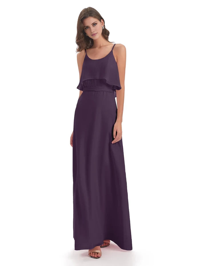 Column Floor Length Spaghetti Straps Chiffon Long Bridesmaid Dresses