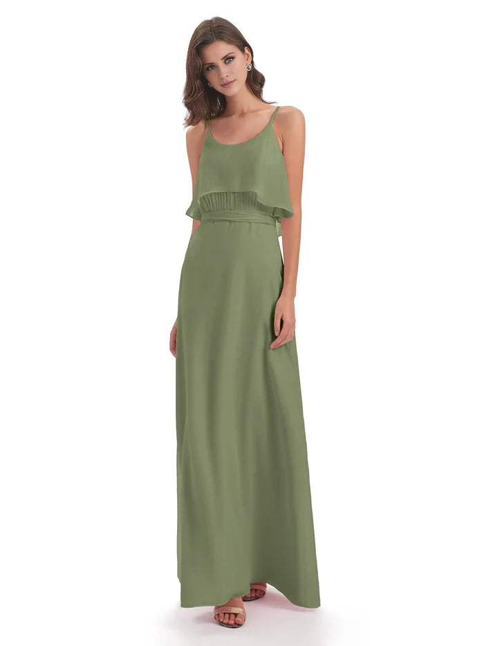 Column Floor Length Spaghetti Straps Chiffon Long Bridesmaid Dresses