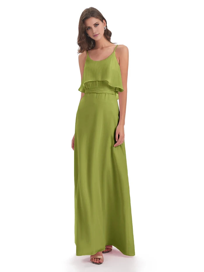 Column Floor Length Spaghetti Straps Chiffon Long Bridesmaid Dresses