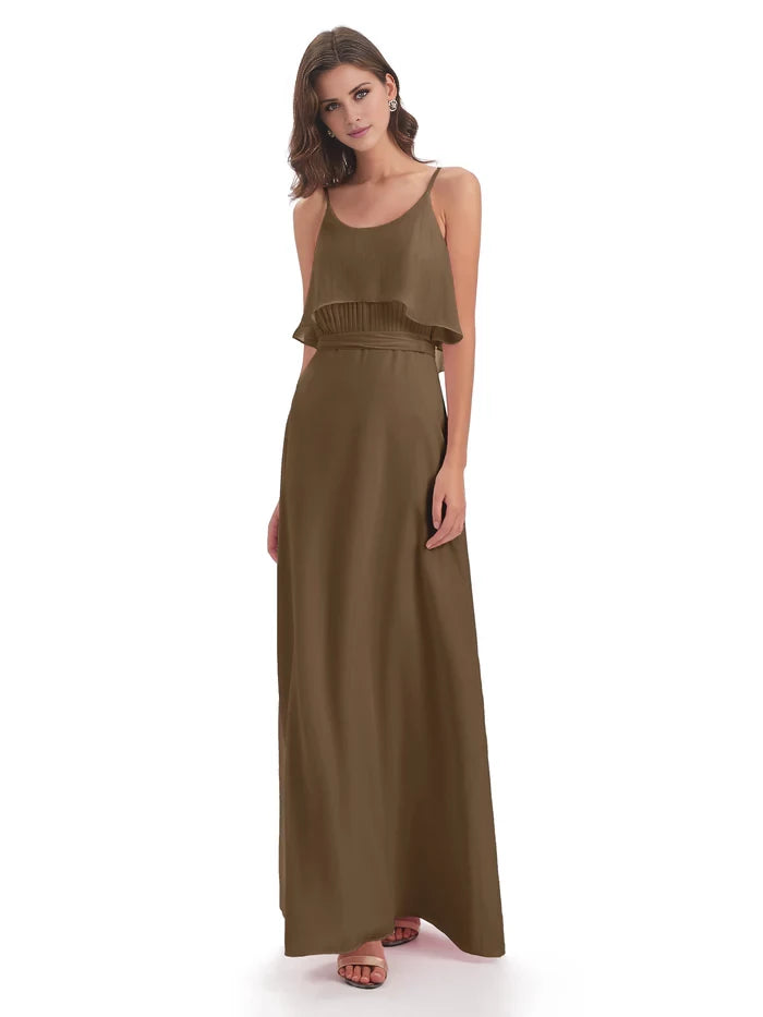 Column Floor Length Spaghetti Straps Chiffon Long Bridesmaid Dresses