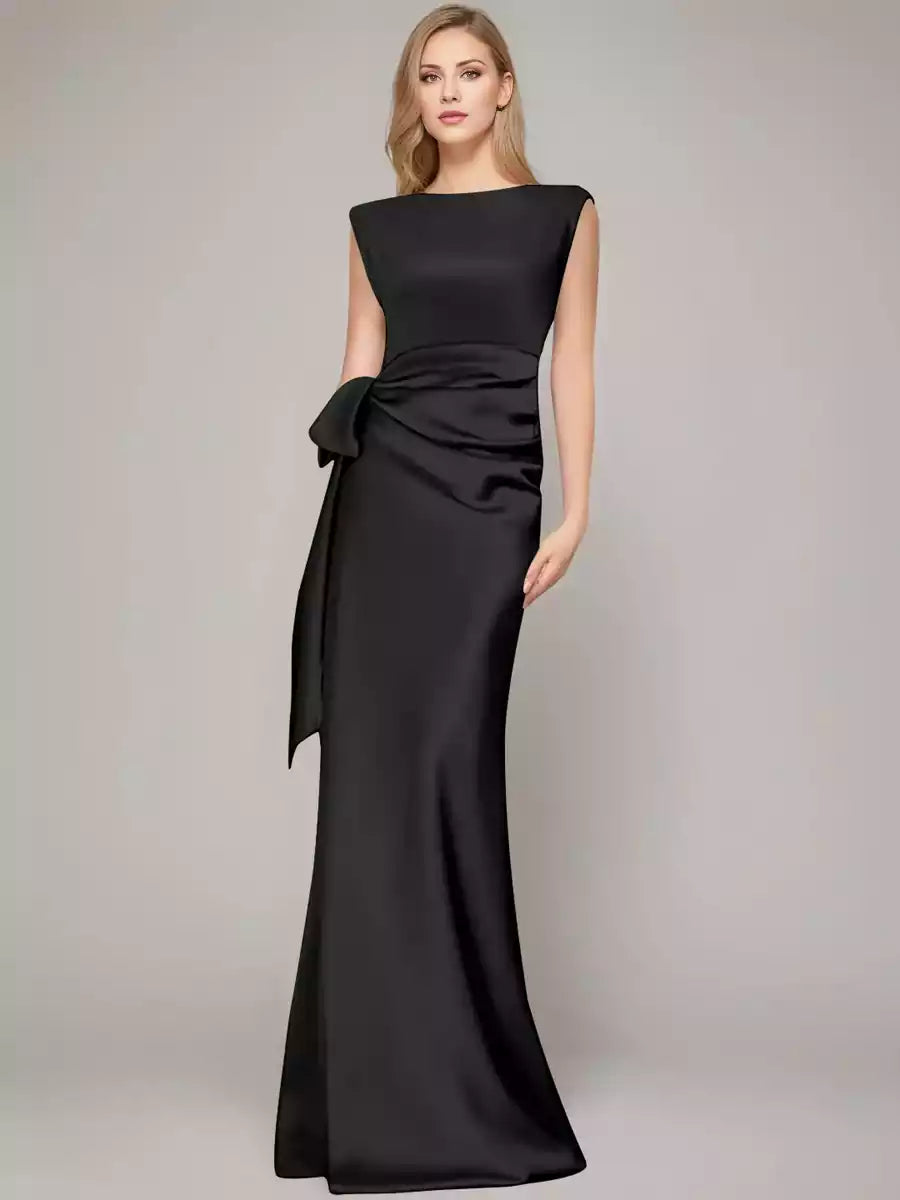 Column Scoop Sleeveless Floor-Length Mother of the Bride Dresses with Bow  Shoulder Pad Mother of the Bride