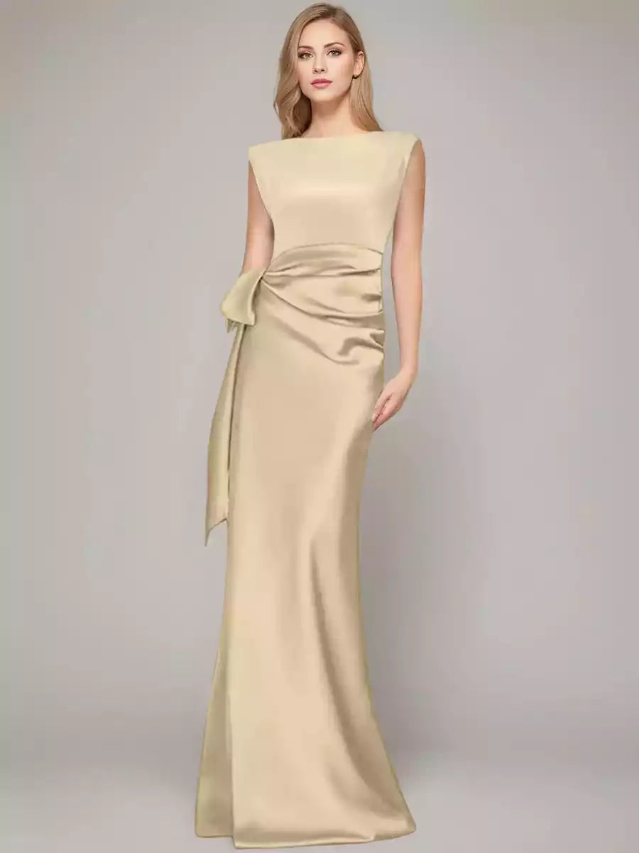 Column Scoop Sleeveless Floor-Length Mother of the Bride Dresses with Bow  Shoulder Pad Mother of the Bride