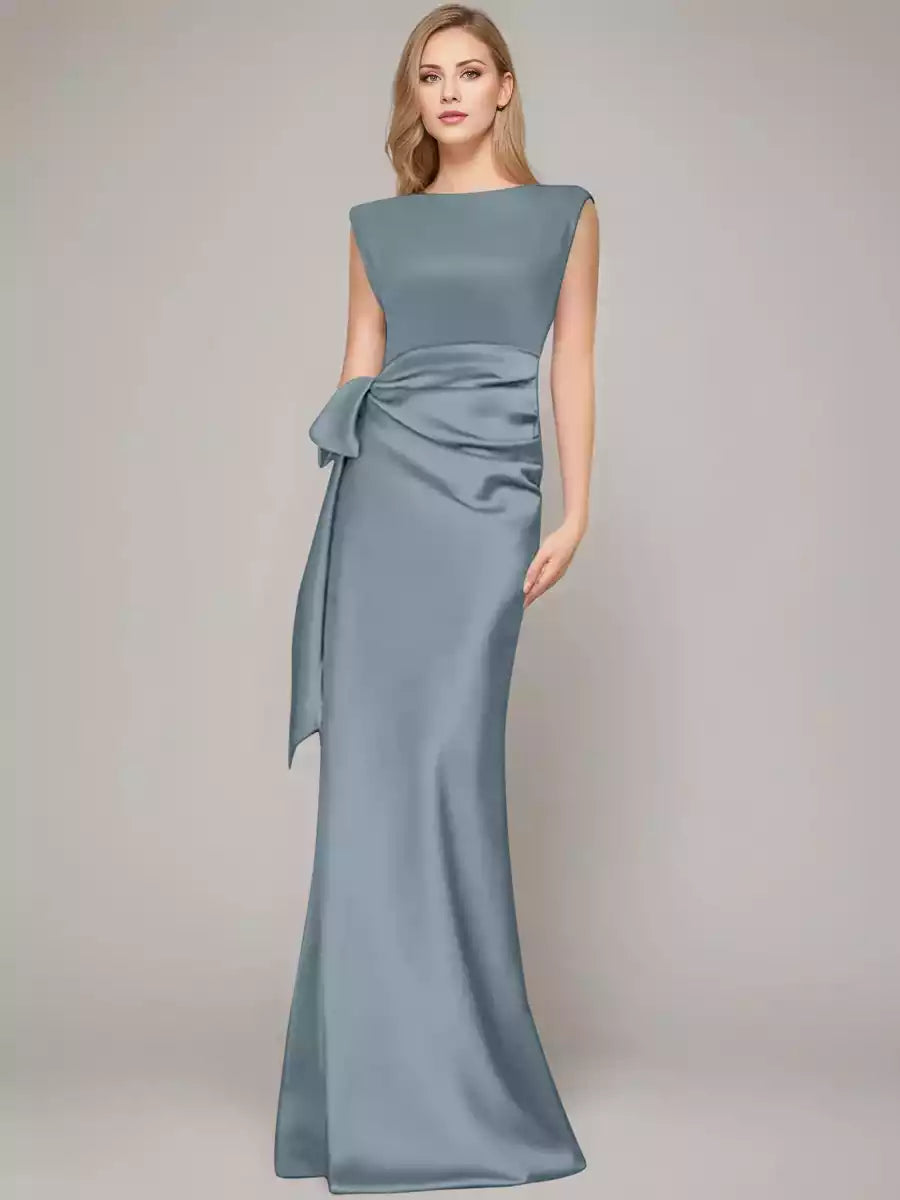 Column Scoop Sleeveless Floor-Length Mother of the Bride Dresses with Bow  Shoulder Pad Mother of the Bride
