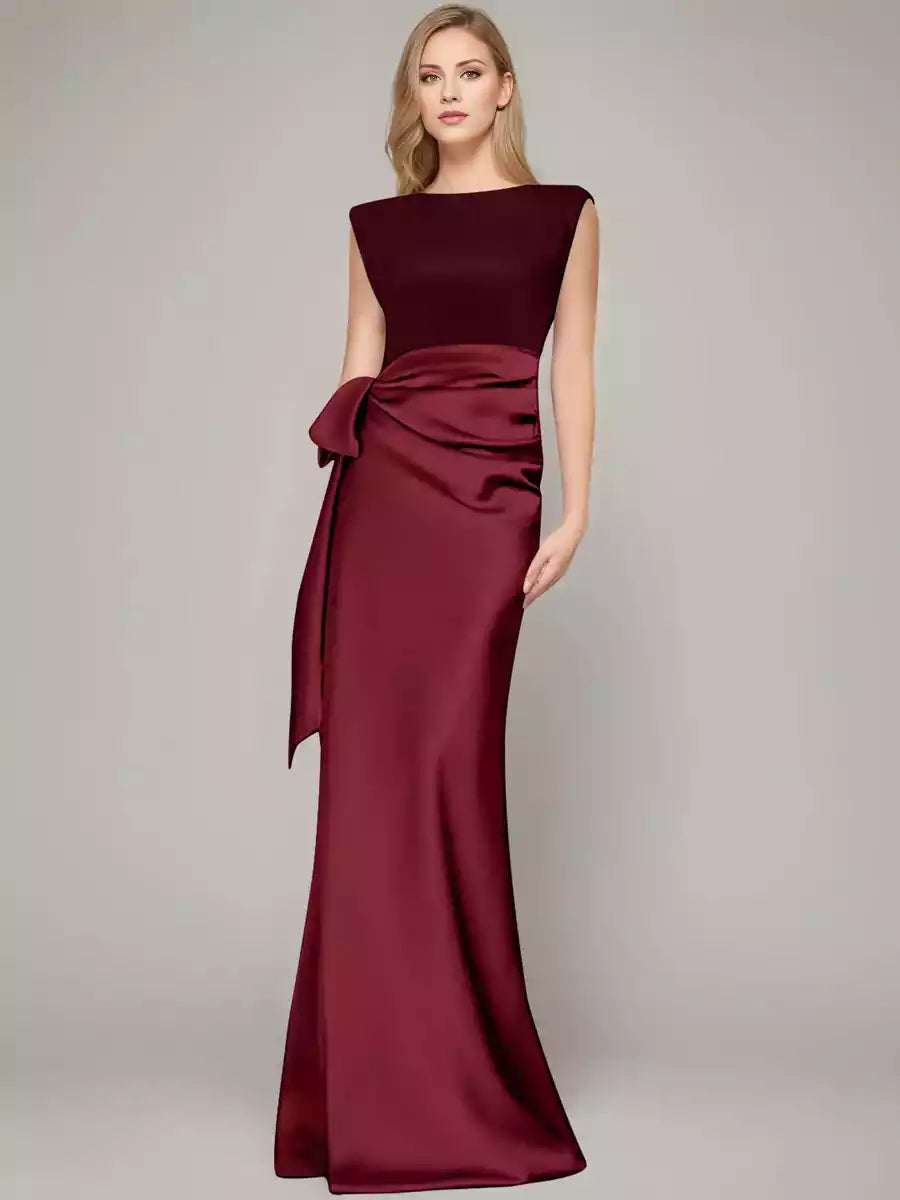 Column Scoop Sleeveless Floor-Length Mother of the Bride Dresses with Bow  Shoulder Pad Mother of the Bride