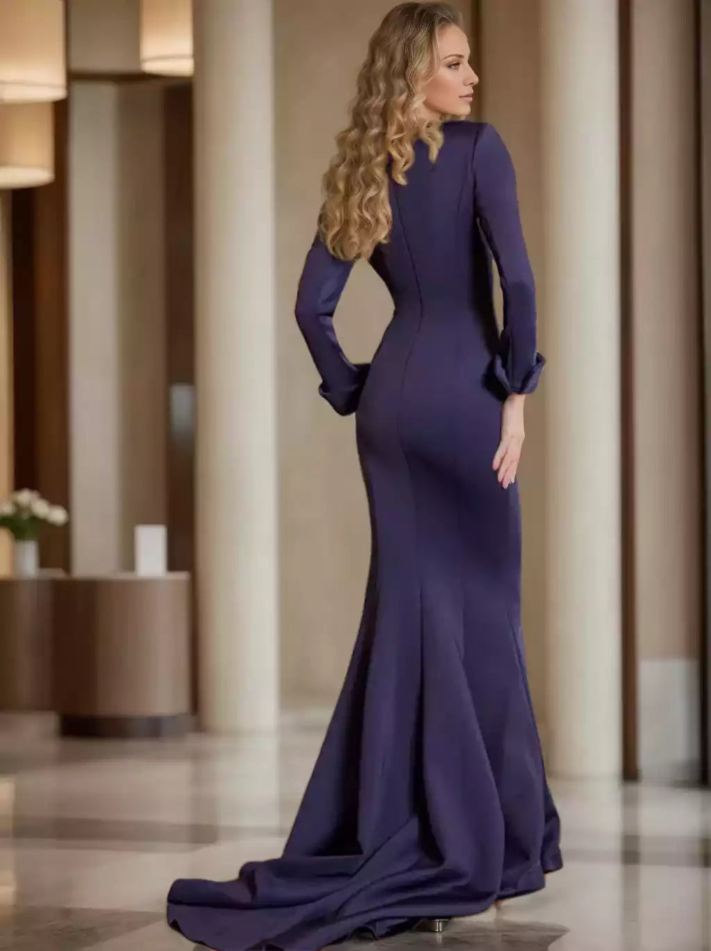 Column V-Neck Long Sleeves Floor-Length With PleatsMother of the Bride Dresses