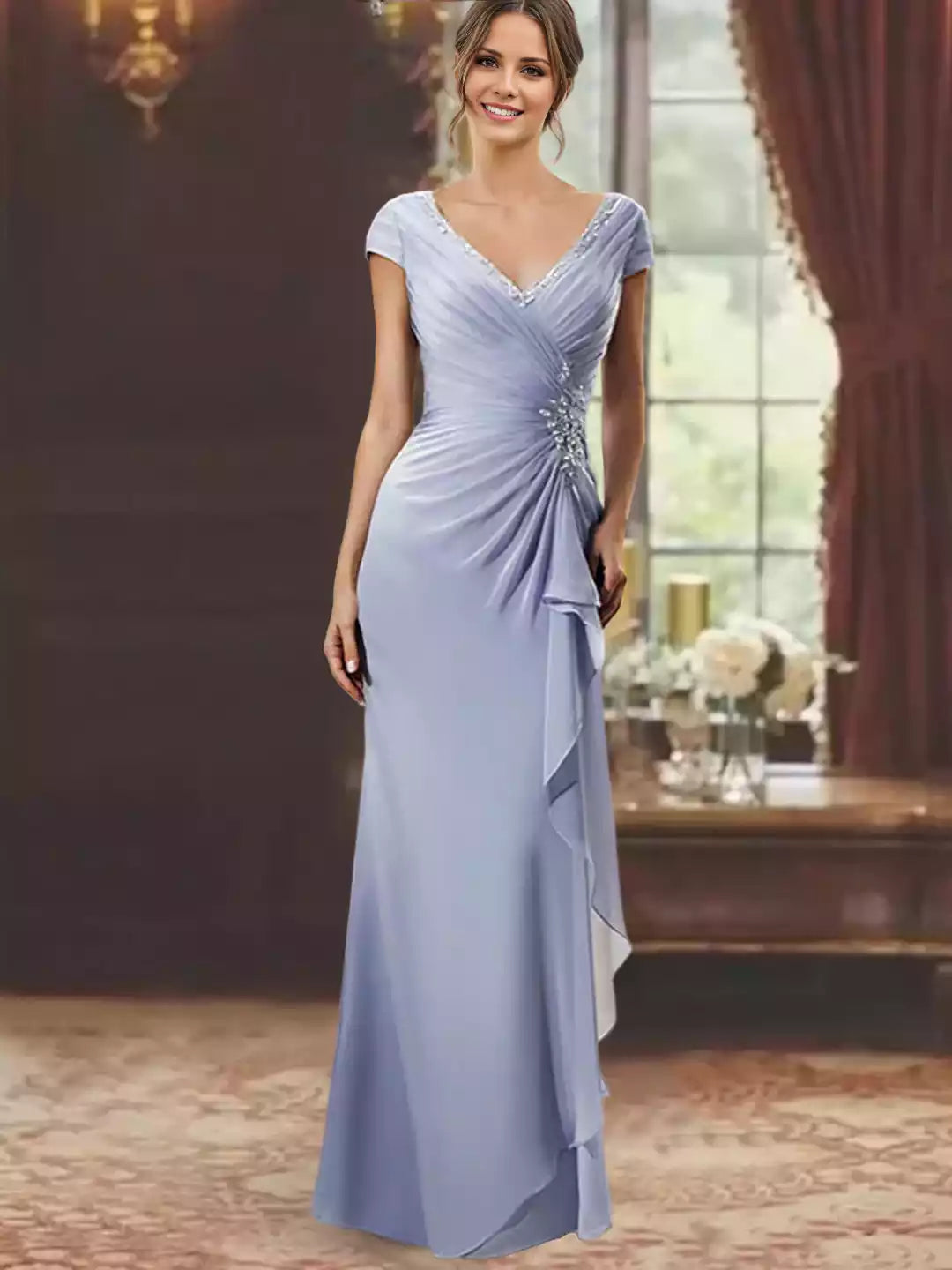 Column V-Neck Short Sleeves Floor-Length With Ruffles Appliques Mother of the Bride Dress