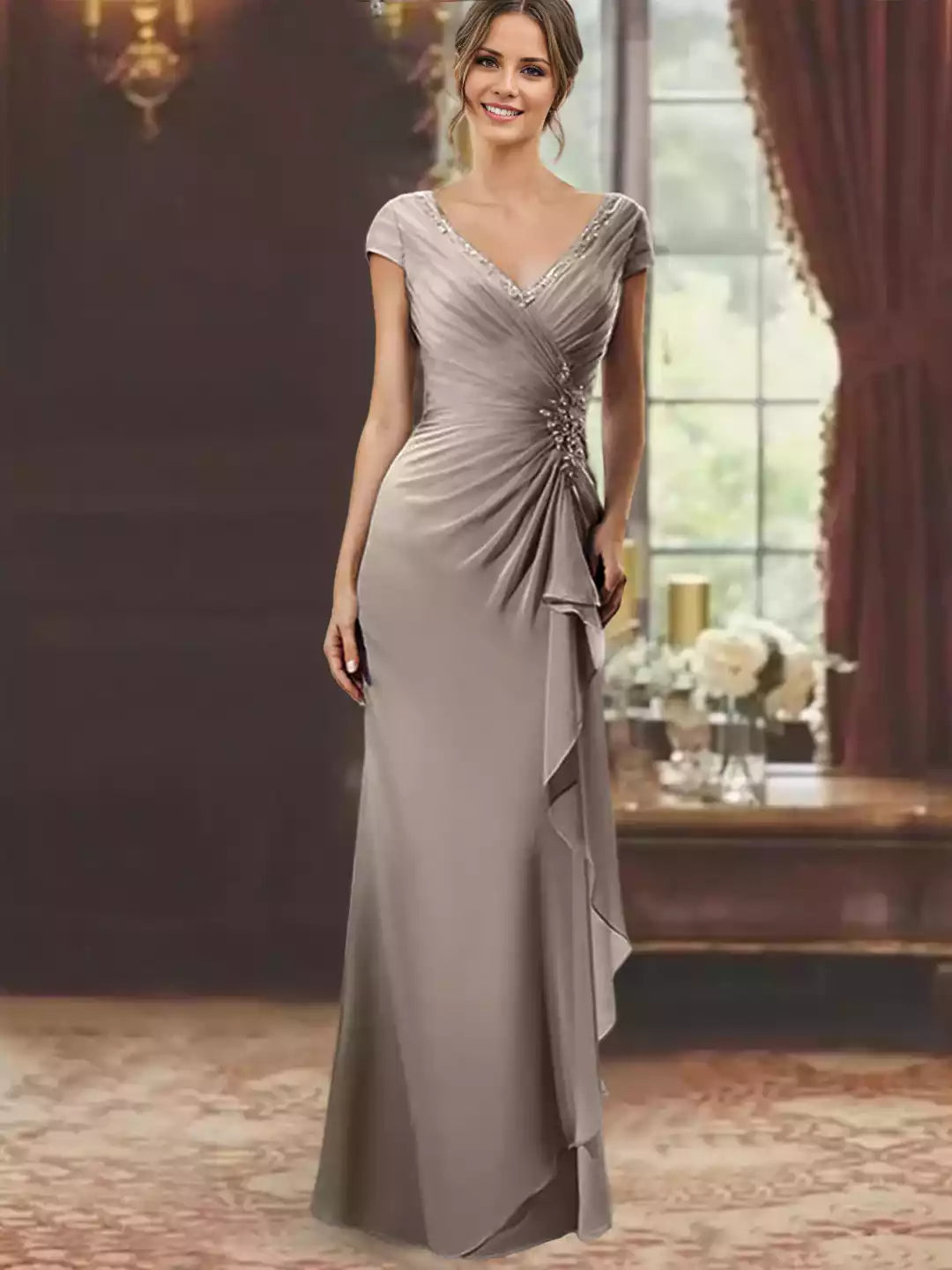 Column V-Neck Short Sleeves Floor-Length With Ruffles Appliques Mother of the Bride Dress