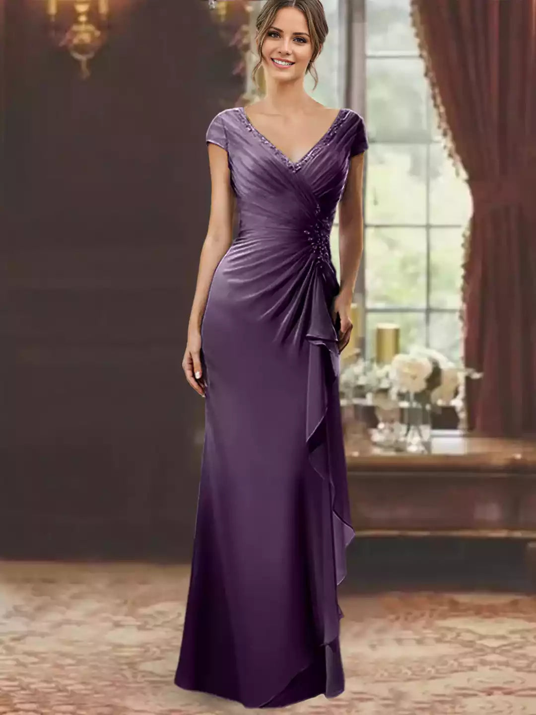 Column V-Neck Short Sleeves Floor-Length With Ruffles Appliques Mother of the Bride Dress